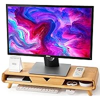 Homerays Bamboo Monitor Stand Riser, No Assembly Required Exquisite Monitor Stand with Drawer Ergonomic Height Wood Monitor Stand