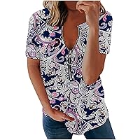 Summer Tops for Women Floral Pattern Plus Size Blouses V-Neck Half Zipper Short Sleeve Comfy Dressy Oversized Tshirts