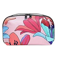 Red Blue Lily Floral Pink Background Toiletry Bag for Women, Water-Resistant Leather Toiletry Organizer, Travel Cosmetic Bag Makeup Bag for Toiletries Accessories