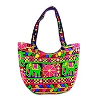 NOVICA Artisan Hand Embroidered Tote Handbag with Floral Elephants from India Multicolor Animal Themed 'Elephant Flower in Blueviolet'