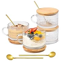 Vintage Coffee Mugs Set of 4 Embossed Tea Cups, Overnight Oats Containers with Bamboo Lids and Spoons, 14oz Glass Coffee Cups for Cappuccino, Latte, Cereal, Yogurt, Beverage, Clear