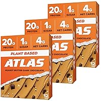 Atlas Protein Bar, 20g Plant Protein, 1g Sugar, Clean Ingredients, Gluten Free Peanut Butter Dark Chocolate, 12 Count (Pack of 3)