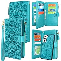 Harryshell Detachable Magnetic Zipper Wallet Leather Case with Cash Coin Pocket 12 Card Slots Holder Wrist Strap Lanyard for Samsung Galaxy S22 (2022) Flower (Blue Green)