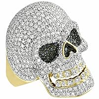 Created Round Cut Black & White Diamond In 925 Sterling Silver 14K Yellow Gold Over Diamond Men's Skull Head Pinky Ring for Halloween