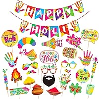 Happy Holi Decoration Combo Photo Booth Props+1 Set Happy Holi Banner,Holi Decoration Items for Party Holi Decorations, Party Decoration Colourful Banner for Holi Party (Pack of 28)