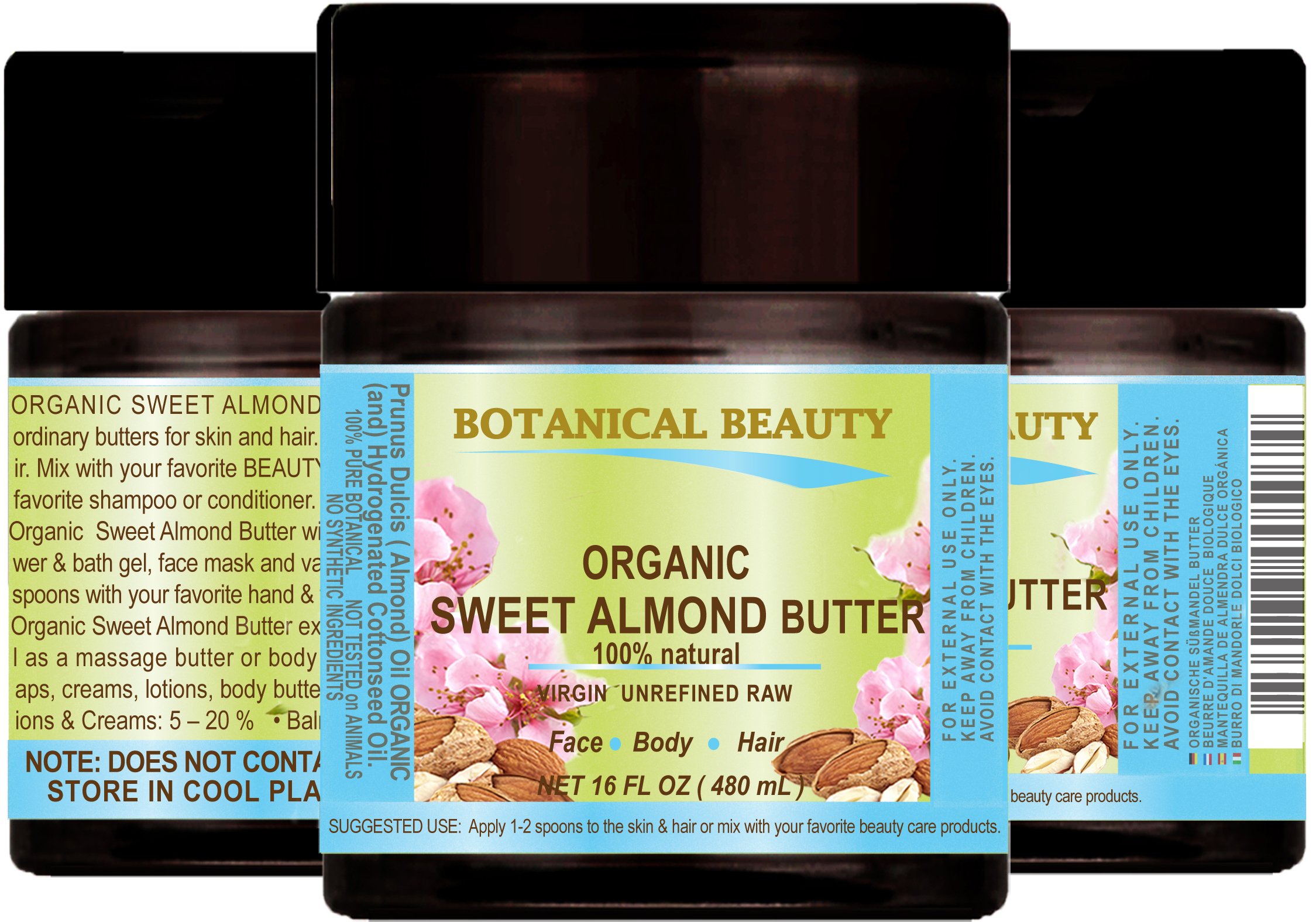 SWEET ALMOND OIL - BUTTER ORGANIC RAW. 100% Natural/VIRGIN/UNREFINED. 16 Fl.oz.- 480 ml. For Skin, Hair and Nail Care.