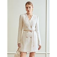 2023 Women's Dresses Wool-Mix Tweed Fitted Dress Without Belt Women's Dresses (Color : Beige, Size : Small)