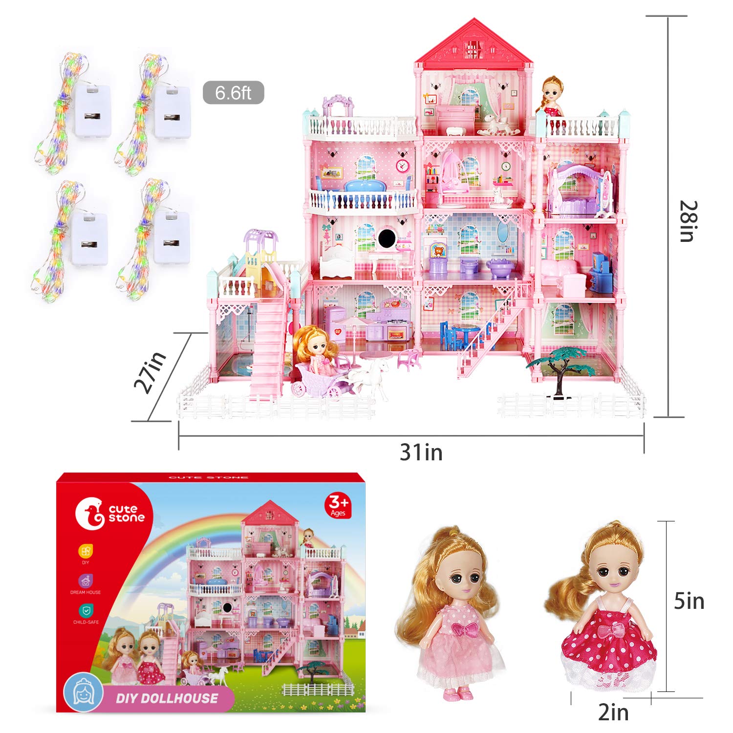 CUTE STONE 11 Rooms Huge Dollhouse with 2 Dolls and Colorful Light, 31