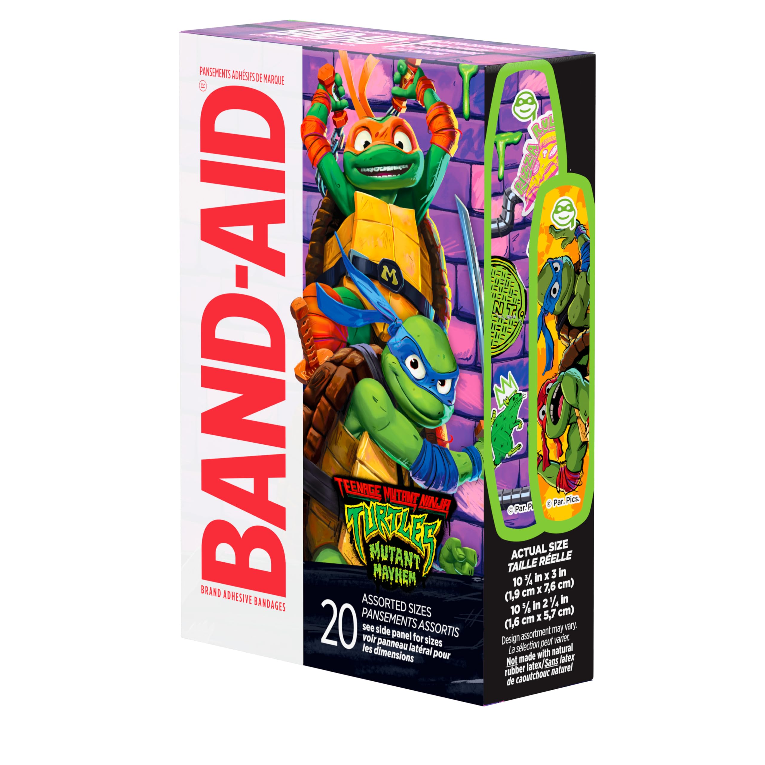 Band-Aid Brand Adhesive First Aid Bandages for Minor Cuts & Scrapes, Wound Care Featuring Nickelodeon TMNT Characters, Fun Bandages for Kids & Toddlers, Sterile, Assorted Sizes, 20 Ct