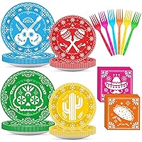 96 Pcs Mexican Fiesta Tableware Cinco De Mayo Party Supplies for 24 Guests Mexican Papel Picado Plates Napkins for Mexican Fiesta Party Decorations Fiesta Taco Birthday Baby Shower Party Favors