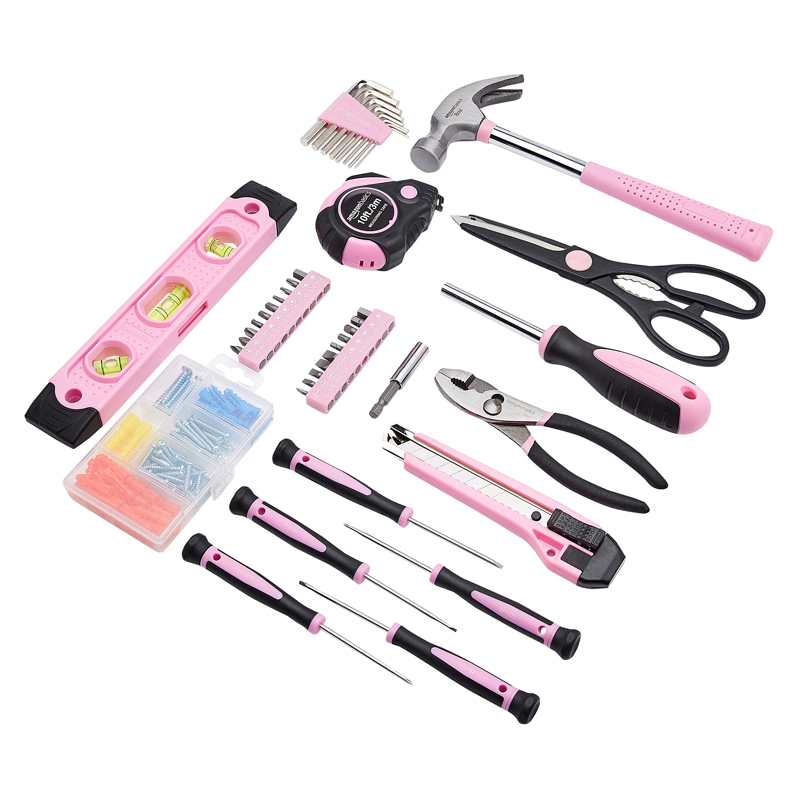 Amazon Basics Household Tool Kit With Storage Case, 142 Piece, Pink, 13.39 x 9.25 x 2.95 inch