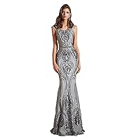 Women's Sequins Embroidery Mermaid Long Prom Dresses Cap Sleeve Crewneck Evening Gown