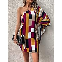 Dresses for Women - Geo Print One Shoulder Batwing Sleeve Dress (Color : Purple, Size : X-Large)