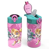 Zak Designs Kids Durable Plastic Spout Cover and Built-in Carrying Loop, Leak-Proof Water Design for Travel, (16oz, 2pc Set), Paw Patrol Skye Bottle 2pk
