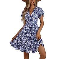 TORARY Womens Summer Dresses 2024 Floral Cap Sleeve Wrap V Neck Ruffle A-Line Sun Dress