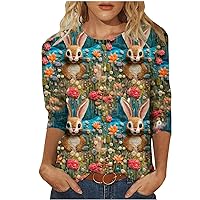 Cute Tops for Women Teen Girls, Women's Easter 3/4 Sleeve Tops 3D Print Bunny Tshirt Easter Egg Graphic Comfy Tunic Tee