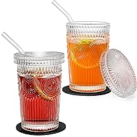 2 Pack Vintage Glass Coffee Mugs,12 OZ Glass Sunflower Stripes Glass Coffee Cupswith Lid, Transparent Tea Cup for Hot/Cold Beverages, Glassware Set with Pipette for Milk, Americano, Cappuccino