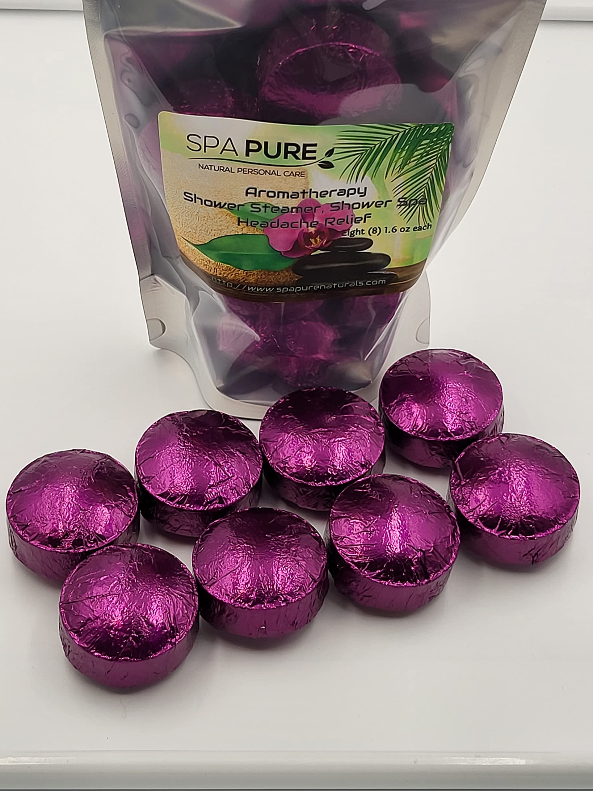 Spa Pure Headache Relief Aromatherapy: Shower Bombs USA Made with 100% Natural/Organic Essential Oils - Lavender, Eucalyptus - Transform Your Shower (8 Count) Pack of 1