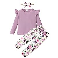 YALLET 3Pcs Toddler Girl Clothes,Solid Color Long Sleeves Ruffle Top+ Floral Pant +Floral Headband