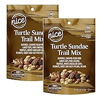 Turtle Sundae Nut Trail Mix Resealable Zip Bag (2 Pack SimplyComplete Bundle) Almonds, Caramel Filled Mini Candy Cups and Truffles, White Chocolate Chips, Peanuts, Sweet and Salty Pecans