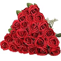20 Pcs Rose Artificial Flowers with Long Stem Realistic Silk Roses Bulk Real Touch Plastic Bouquet of Roses for Home Bridal Wedding Party Table Centerpieces Decorations (Red)