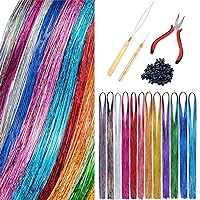 120cm 12 Colours Hair Tinsel With Tools Kit, Fairy Hair Tinsel Strands Kit,Hair Extension Tools Kit (2000 Strands Hair Tinsel, Pliers + Hook Needle+ Pulling Hook+ 200pcs Dark Brown Rings Beads Kit)