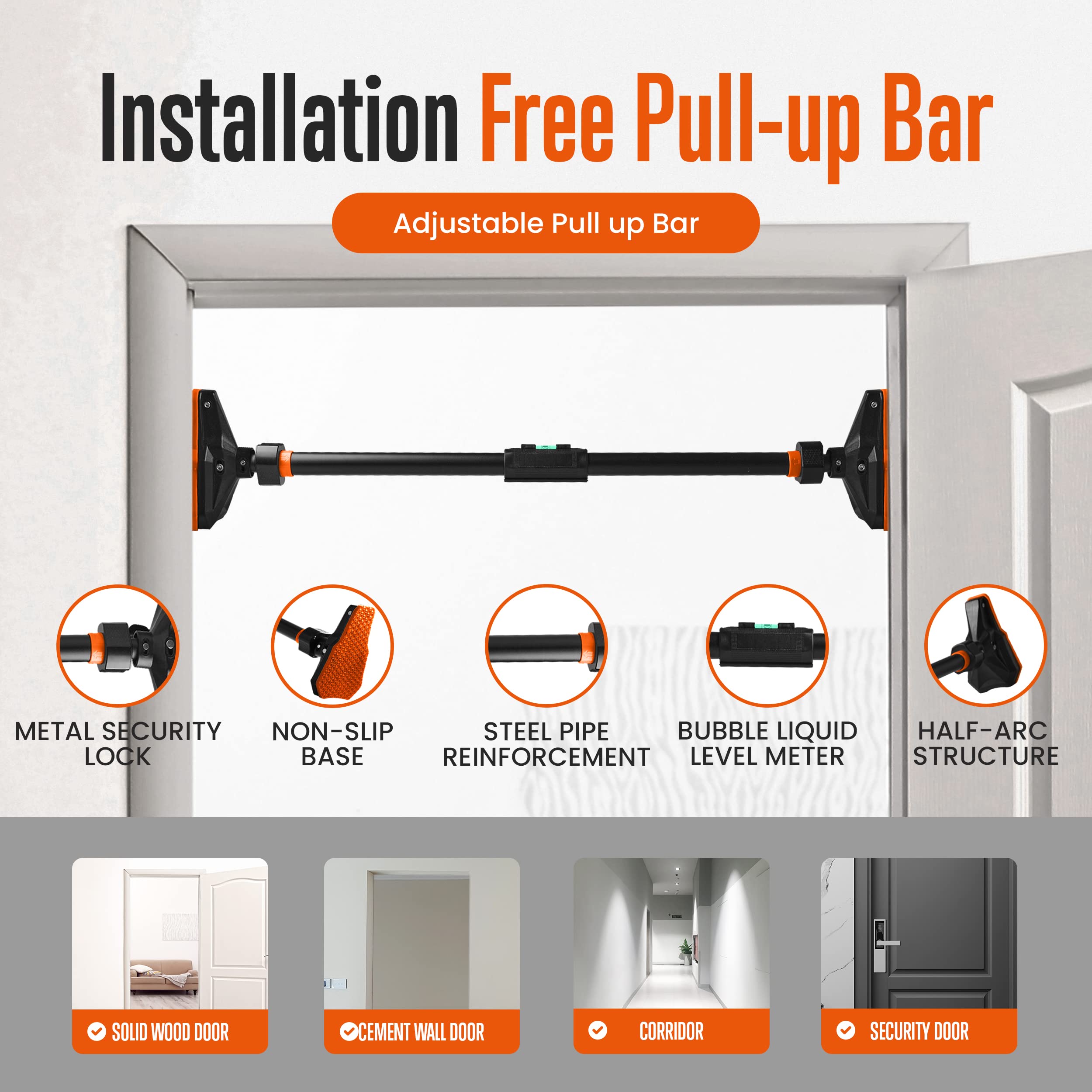 SQUATZ Adjustable Pull-Up & Chin-Up Bar - Door Frame Pullup & Doorway No-Screw, No-Damage Hanging Bar for Home Strength Training Exercise Equipment for Men and Women