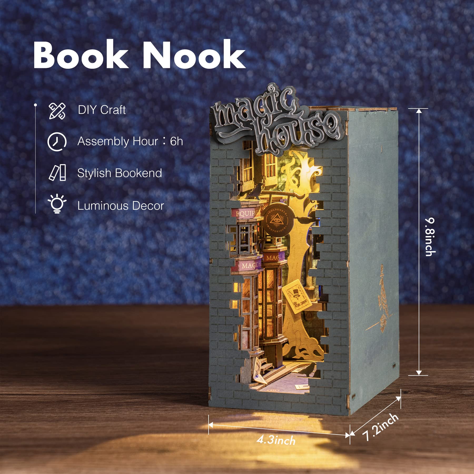 ROBOTIME DIY Book Nook Kit Insert Bookcase Book Stand 3D Wooden Puzzle DIY Miniature House Wood Bookends Book Nook Model Building Kit with LED Light Booknook Decoration