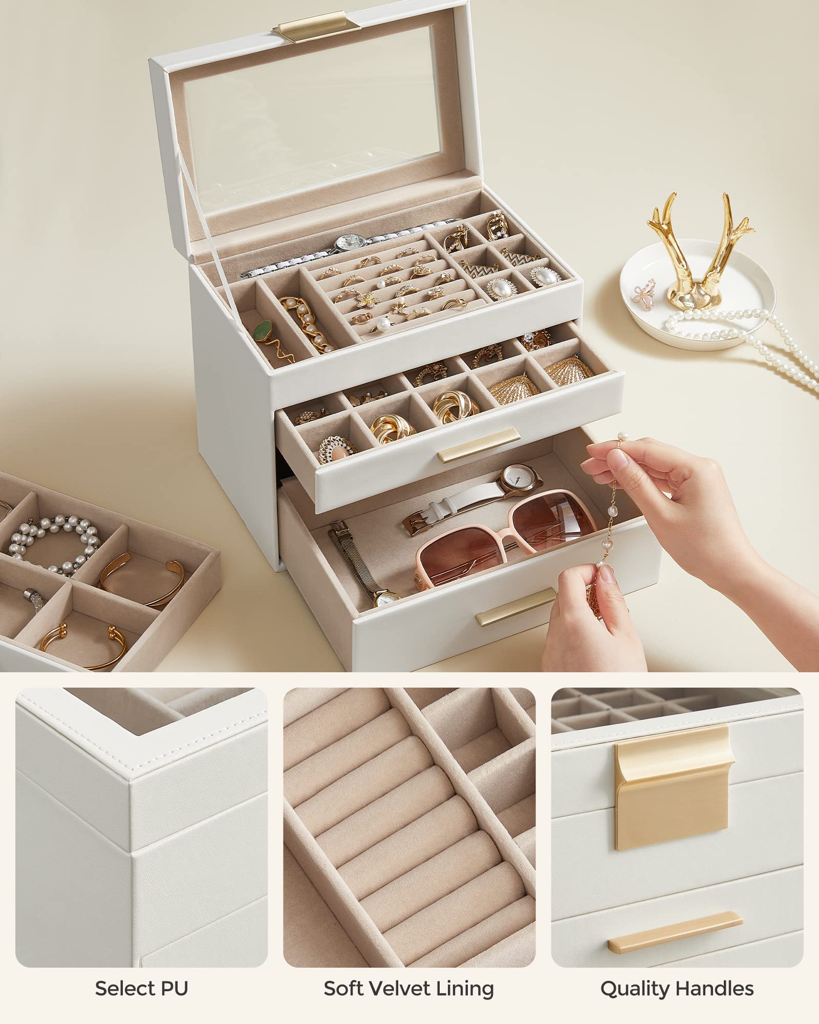 SONGMICS Jewelry Box with Glass Lid, 4-Layer Jewelry Organizer, 3 Drawers, for Sunglasses, Big Jewelry, Jewelry Storage, Modern Style, Cloud White and Gold Color UJBC161W01