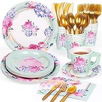 DECORLIFE Tea Party Supplies Serves 16, Tea Party Plates and Napkins Sets, Paper Saucers, Tea Cups with Handles for Girl's Birthday, Baby Shower, Total 128 PCS