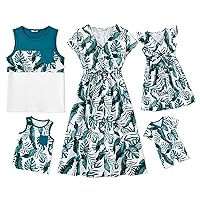 PATPAT Family Matching Outfits Mommy and me Tank Tops Casual Green Plant Print Belted Bowknot Dress
