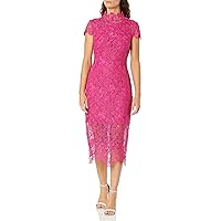 Nicole Miller New York Women's Short Sleeve Fitted lace Dress with Sheer Skirt Bottom, Lipstick_Pink, 6