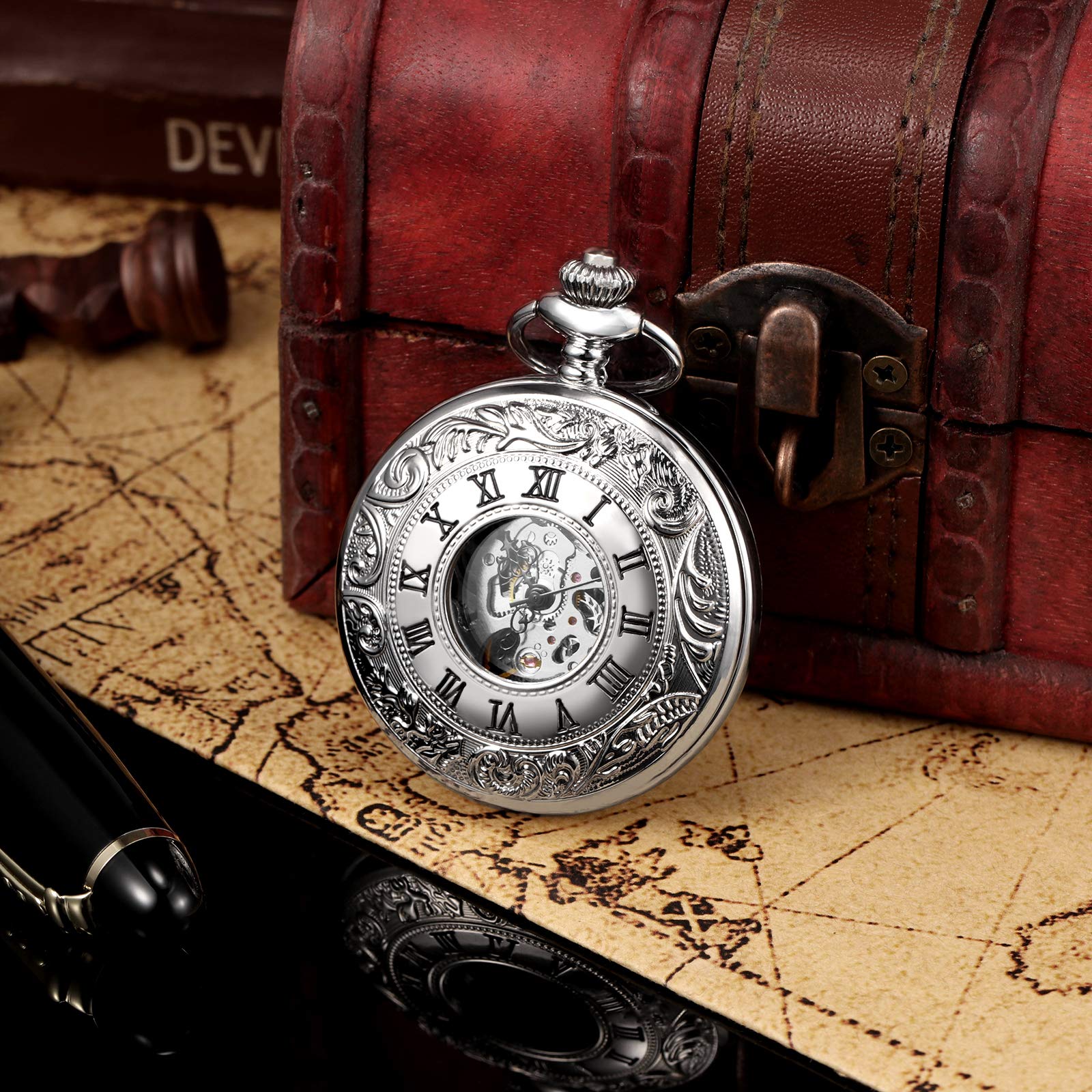 TREEWETO Antique Mens Pocket Watch Skeleton Mechanical Silver Double Case Roman Numerals Gift for Man