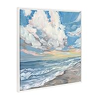 Sylvie Beaded Fort Myers Beach Vintage Framed Canvas Wall Art by Emily Kenney, 30x30 White, Bright Ocean Landscape Art for Wall