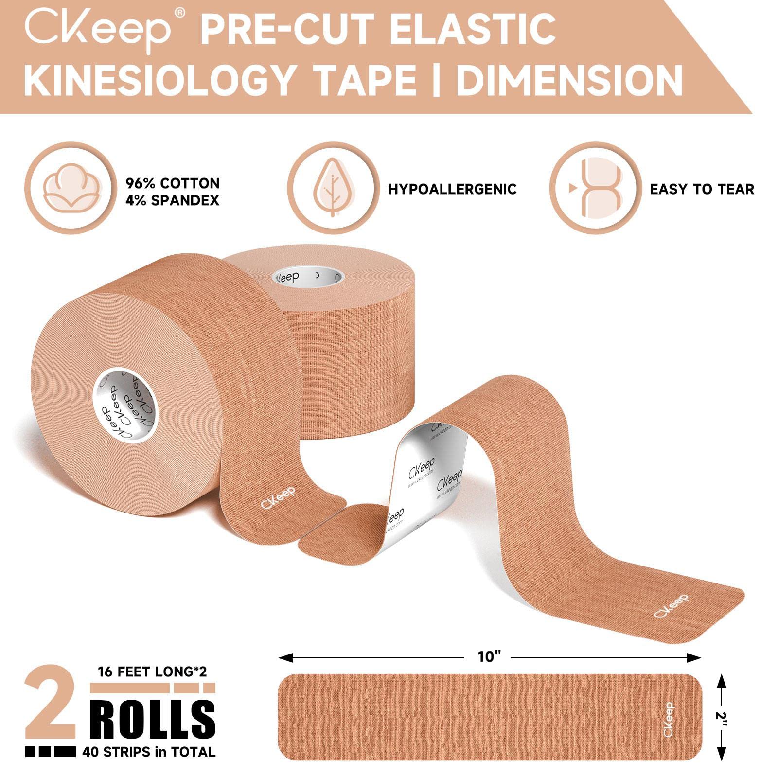 CKeep Kinesiology Tape (2 Rolls), Original Cotton Elastic Premium Athletic Tape,33 ft 40 Precut Strips in Total,Hypoallergenic and Waterproof K Tape for Muscle Pain Relief and Joint Support