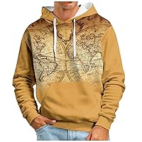 Vintage Hoodies For Men Map Print Graphic Drawstring Long Sleeve Pocket Pullover Sweatshirt Big Tall Men Hoodie