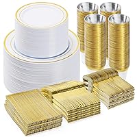 600PCS Plastic Dinnerware Set (100 Guests), Gold Disposable Plates for Party, Wedding, Anniversary, Includes: Dinner Plates, Dessert Plates, Cups, Spoons, Forks and Knives