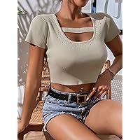 Womens Summer Tops Sexy Casual T Shirts for Women Cut Out Eyelet Detail Crop Knit Top (Color : Apricot, Size : Medium)