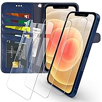 Arae for iPhone 12 Case and iPhone 12 Pro case Premium PU Leather Flip Cover Wallet Case (Blue) with 3 Pack Ultra-Thin HD Tempered Glass Screen Protectors, 6.1 inch