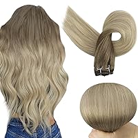 Full Shine Balayage Weft Human Hair Extensions Straight Hair Sew In Extensions Soft Real Hair For Women Color #8/60/18 Light Brown To Ash Blonde Mix Blonde Human Hair Bundles 14 Inch 100G