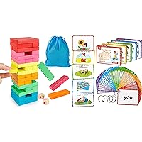 Wooden Blocks Stacking Game + Literacy Learning Reading Cards Toy for Kindergarten 3 4 5 Years Old