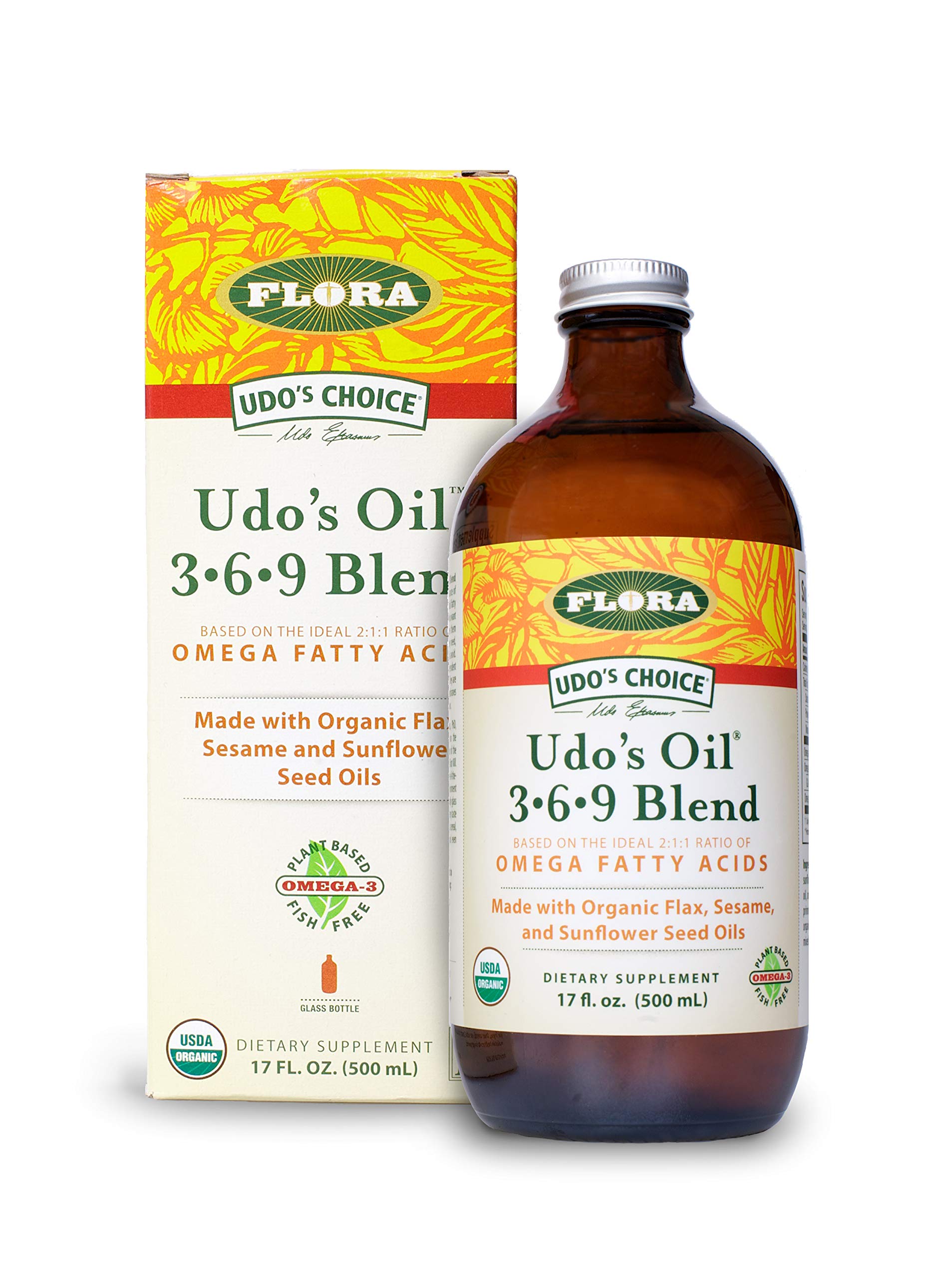 Flora - Udo's Choice Omega 369 Oil Blend, Made with Organic Flax, Sesame & Sunflower Seed Oils, Plant-Based Vegan Omega Fatty Acids, Based on Ideal 2:1:1 Ratio, 17-fl, oz. Glass Bottle