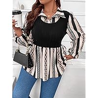 Women's Shirts Plus Chain Print Flounce Sleeve Peplum 2 in 1 Top Shirts for Women (Color : Multicolor, Size : X-Large)