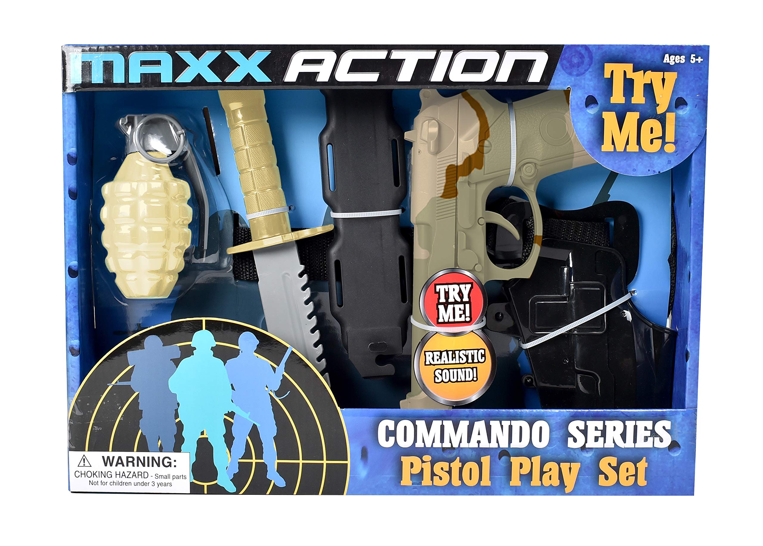 Sunny Days Entertainment Commando Toy Play Set – 5 Piece Military Toys for Kids | Cowboy Sheriff Blaster with Holster and Adjustable Belt | Role Play Dress Up Costume Accessories – Maxx Action