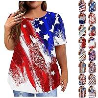 4th of July Outfits for Women, Plus Size Tops for Women,Independence Day Summer American Flag Round Neck Shirt