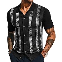 Men's Vintage Polo Shirt Geometric Patterns Stripe Knit Casual Button Down Shirts