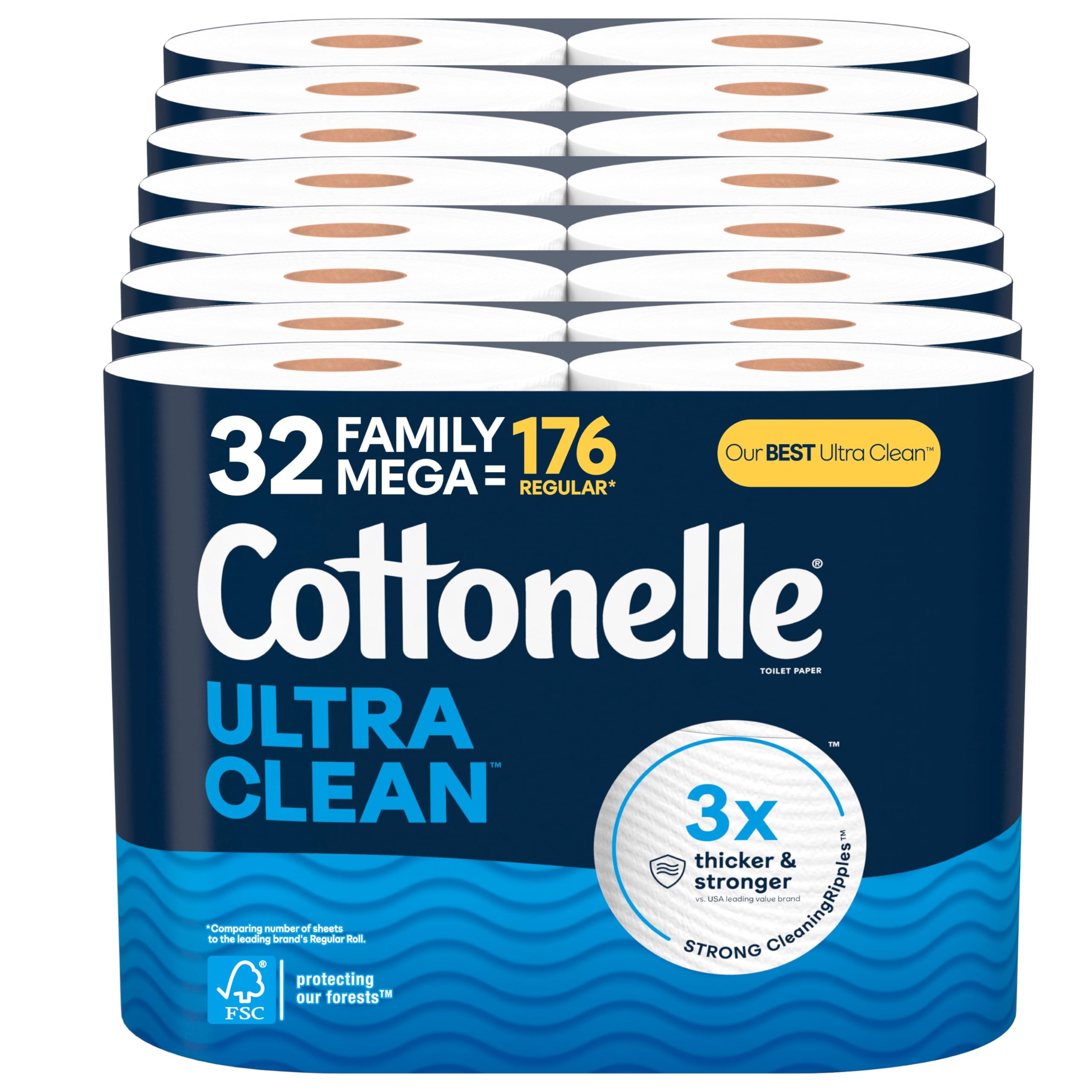 Cottonelle Ultra Clean Toilet Paper with Active CleaningRipples Texture, 32 Family Mega Rolls (32 Family Mega Rolls = 176 Regular Rolls) (8 Packs of 4), 353 Sheets Per Roll, Packaging May Vary