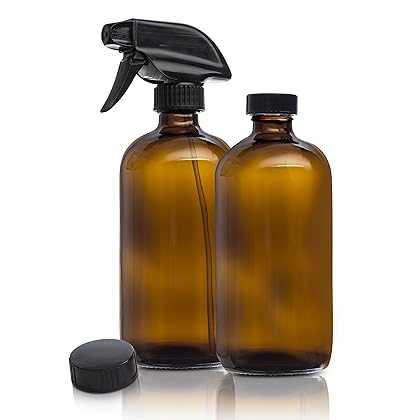 Empty Amber Glass Spray Bottles | 2 Pack 16 Oz Refillable Sprayer for Essential Oil | Water, Kitchen, Bath, Beauty, Hair, Cleaning | Durable Trigger Sprayer with Mist & Stream Modes & 2 Storage Caps