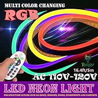 LED NEON Light, AC 110-120V Flexible RGB LED Neon Light Strip, 60 LEDs/M, Waterproof, Multi Color Changing 5050 SMD LED Rope Light + Remote Controller for Home Decoration (16.4ft/5m)