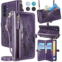 Lacass for Samsung Galaxy A25 5G Case Wallet,[Cards Theft Scan Protection] Card Holder Zipper Leather Flip Cover Crossbody Wrist Strap with Stand for Galaxy A25 Phone case(Floral Dark Purple)
